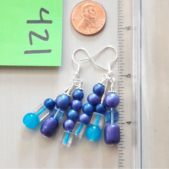 Artisan earrings  421# Blue fringe dangle earring Purple earrings multi color - Picture 3 of 4